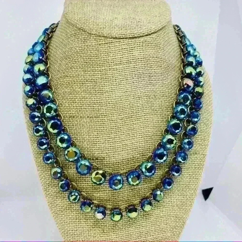 💥Blue faceted rhinestones doble strings necklace